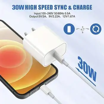30W Charger Kit 30W Fast Charging Adapter + 3.3ft/100cm High-Efficiency Data Sync Fast Charging Cable Compatible With 2
