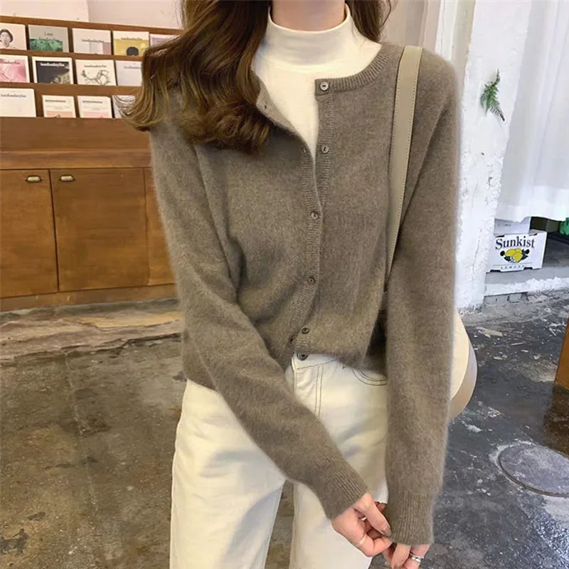 

Women Cardigan Solid Color O-Neck Long Sleeve Button Spring Autumn Casual Loose Knit Sweater Coat Woman Korean Fashion