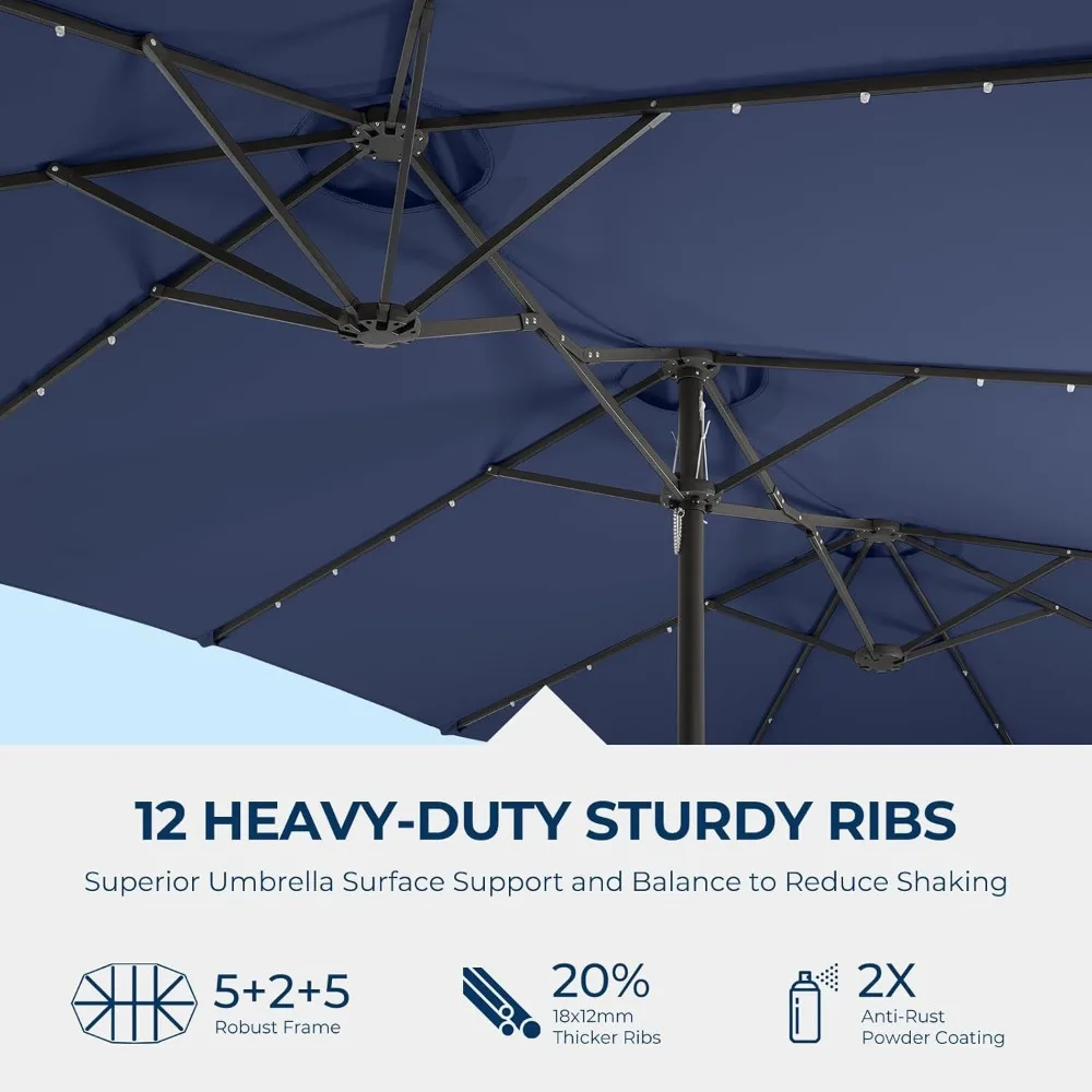 Double Sided Patio Umbrellas - 15ft Solar Lights LED Lighted Outdoor Extra Large Market Table Umbrella with Base Included, Overs 6