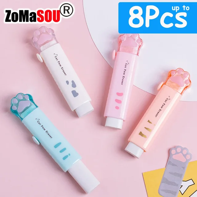 1-8Pcs New! Kawaii Cat Paw Rubber Erasers Retractable Pencil Eraser for Kids Students School Home Office Writing Drawing 1