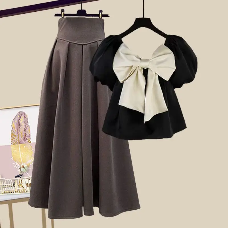 Spring/Summer Set Women's New Korean Fashion Slim Bow Short Sleeved Top High Waist Skirt Age Reducing Two Piece Set