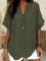 Plus Size 1XL-5XL New Women's Fashion Solid Color Notched Top Ladies Casual Short Sleeve Comfort V-Neck Blouse Shirt Tops - Image 2