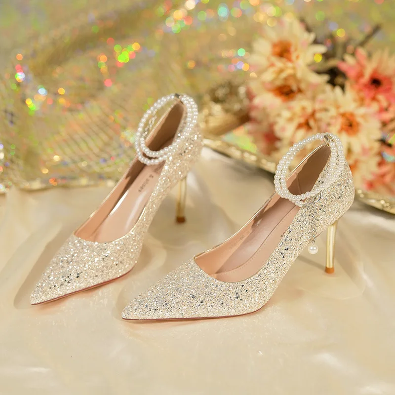 

2023 Autumn New Luxury Women's Single Shoes Fashion Pointed Sequins Pearl Chain Thin Heels High Heels Party Wedding Shoes