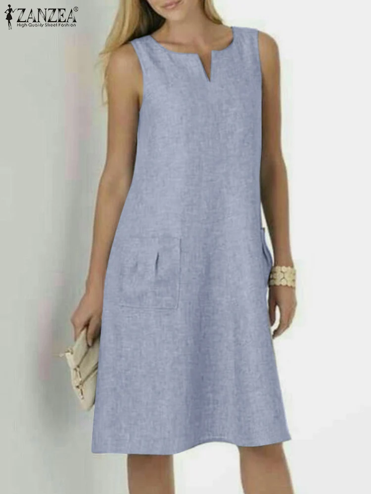 

Модное летнее платье ZANZEA до колена, женское элегантное офисное платье без рукавов с V-образным вырезом, сарафаны, повседневное однотонное женское платье