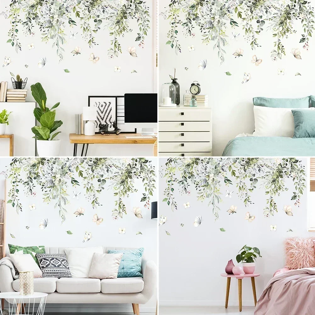 Green Leaf Butterfly Ivy Plant Wall Sticker Kids Room Nursery Art Mural Self-adhesive Bedroom Living Entrance Wall Decal Decor Wall Sticker