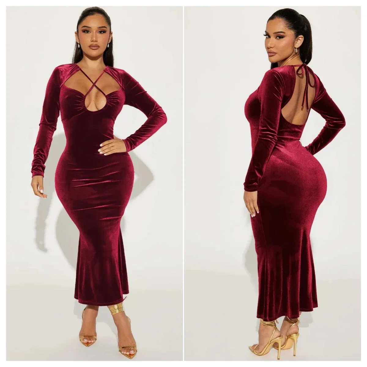 

Boutique Velvet Mermaid Dress Women Sexy V Neck Drawstring Lace Up Backless Long Sleeve Slim Maxi Party Dresses Christmas Outfit