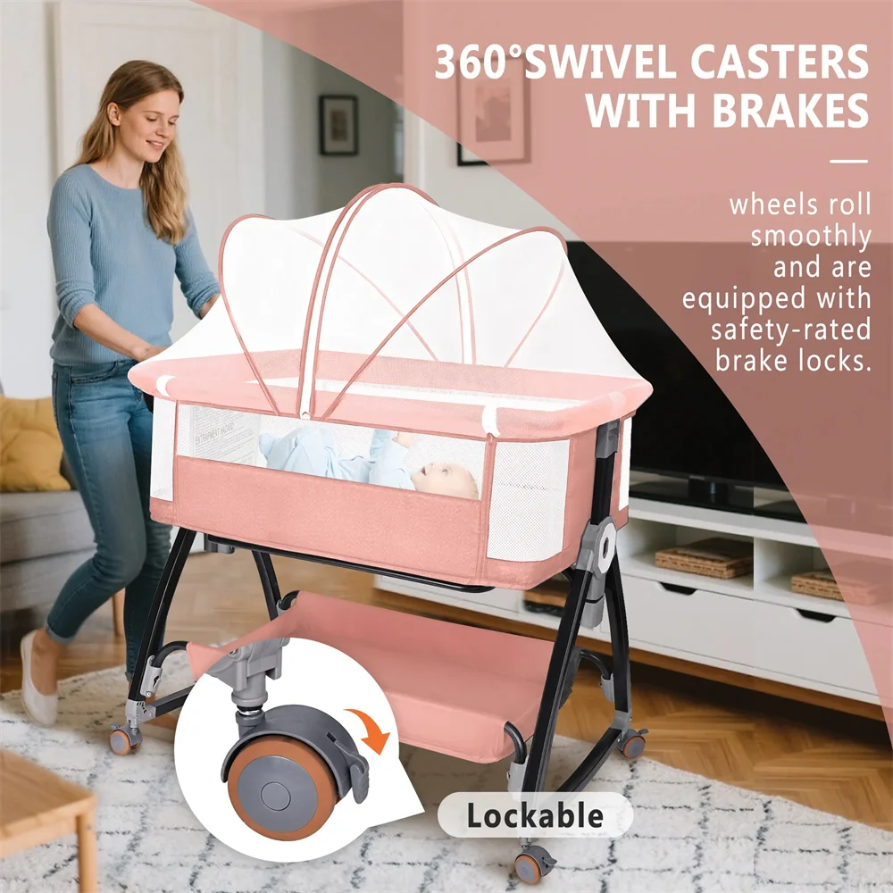 Baby Bassinet, HDJ Baby Bedside Sleeper Bassinet with 360° Wheel, Portable Infant Bed Side Crib for 0-6 Months, Pink Sfe23e5eed45a43a2915b749d8d6dfe67h