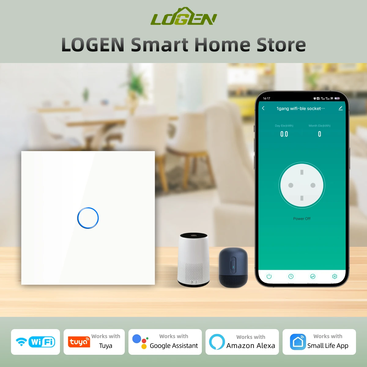

New EU WiFi Wall White Smart Light Switch 1Way Tuya App Compatible with Alexa Google Tempered Glass Panel Blue Backlight