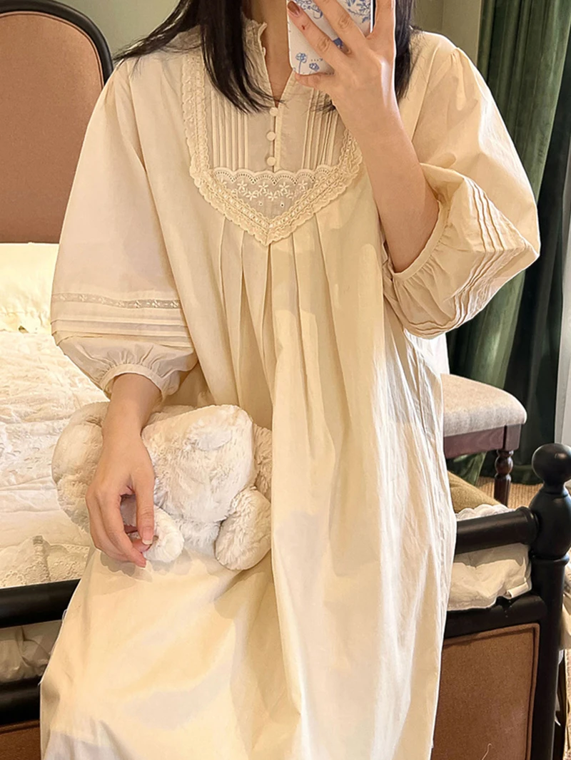 

Vintage Nightdress Pure Cotton Fairy Loose Romantic Long Sleeve Spring Summer Princess Lace Pajamas Women's Home Sleepwear
