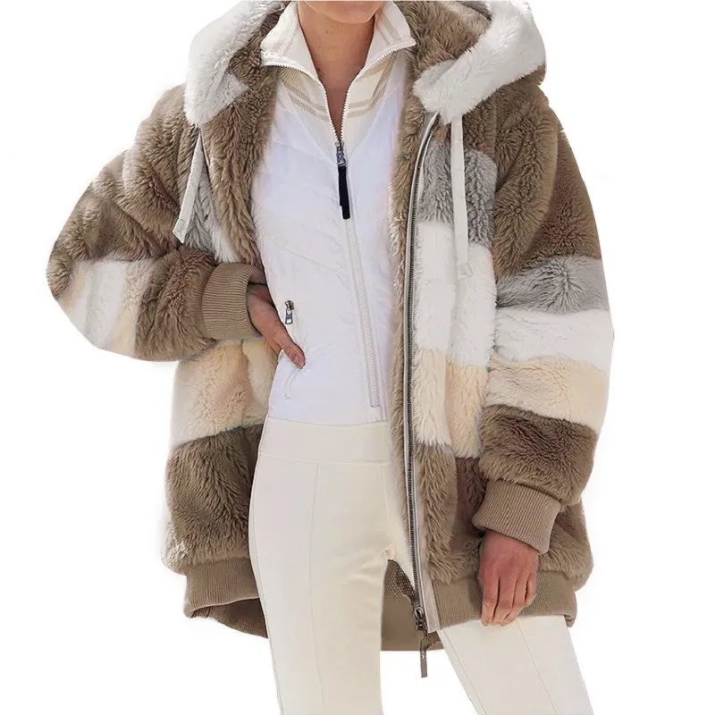 Europe and America 2023 Autumn and Winter Warm Plush Panel Zipper Pocket Hooded Loose Coat Women 5