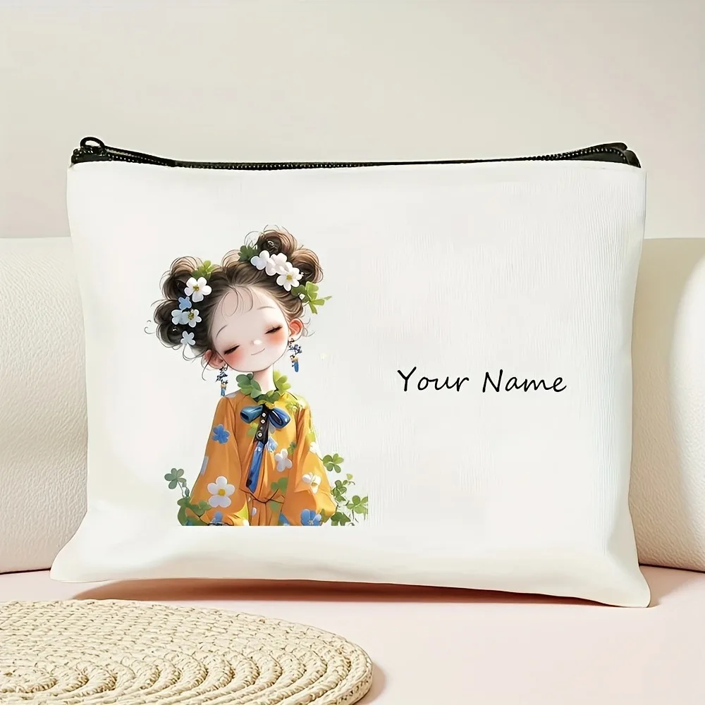 Korean-Style Anime Girl Makeup Bag - Customizable Name Beauty Case, Durable Travel Organizer, Chic Gift Pouch