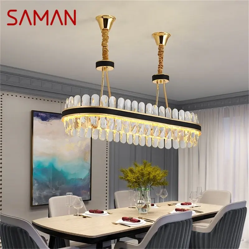 

SAMAN Oval Chandelier Crystal Pendant Lamp Postmodern Home Leather Round Light Fixture for Living Dining Room