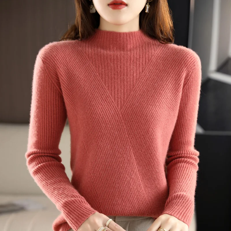 Cashmere Sweater Women Pure Color Half high collar Casual Long-sleeved Loose Pullover Cashmere Sweater Women\'s