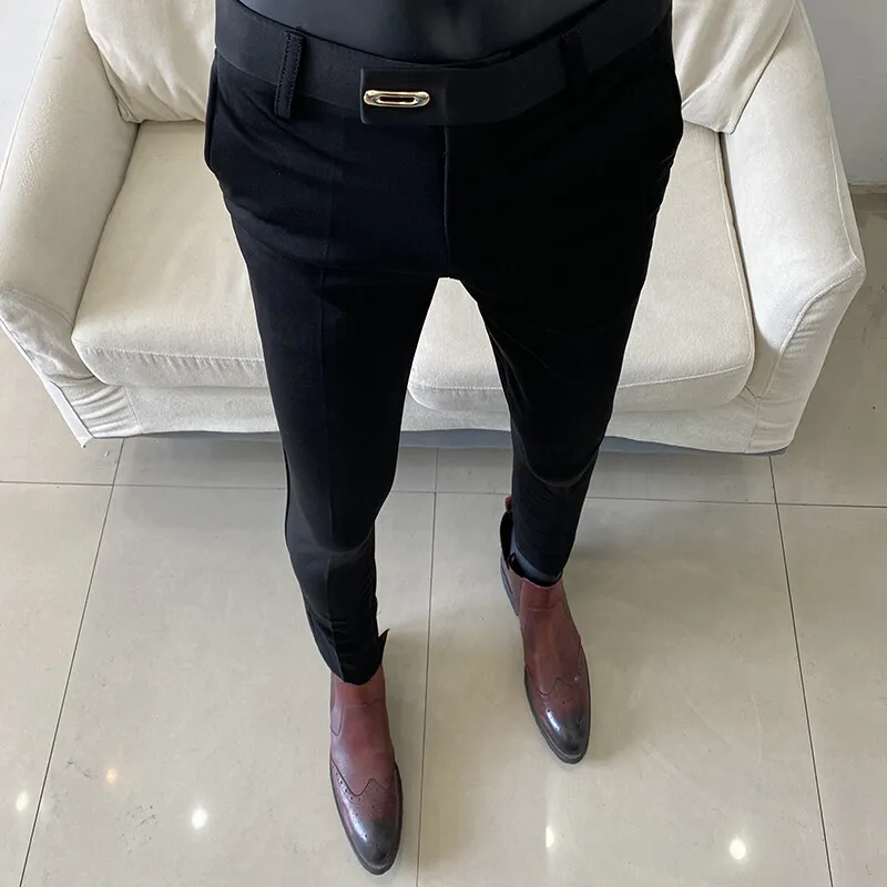 Men Suit Pant Autumn Solid Elastic Waist Dress Pants Cal&ccedil;a Masculina Men Slim Business Office Social Ankle Length Trousers stretch pants business pants suit pants men pants
