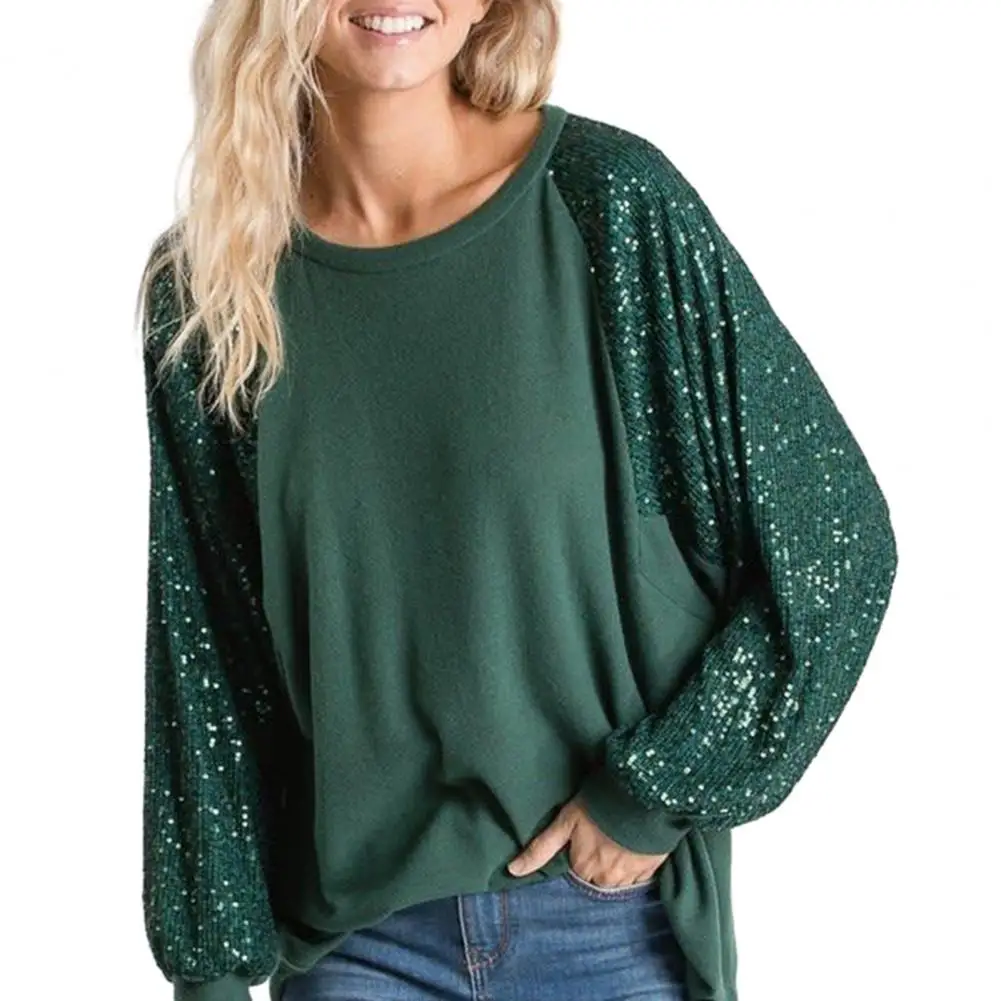 

Round Neck T-shirt Sequin Patchwork Raglan Blouse Loose Fit Pullover Tops for Women Autumn Spring Solid Color Long Sleeve O-neck