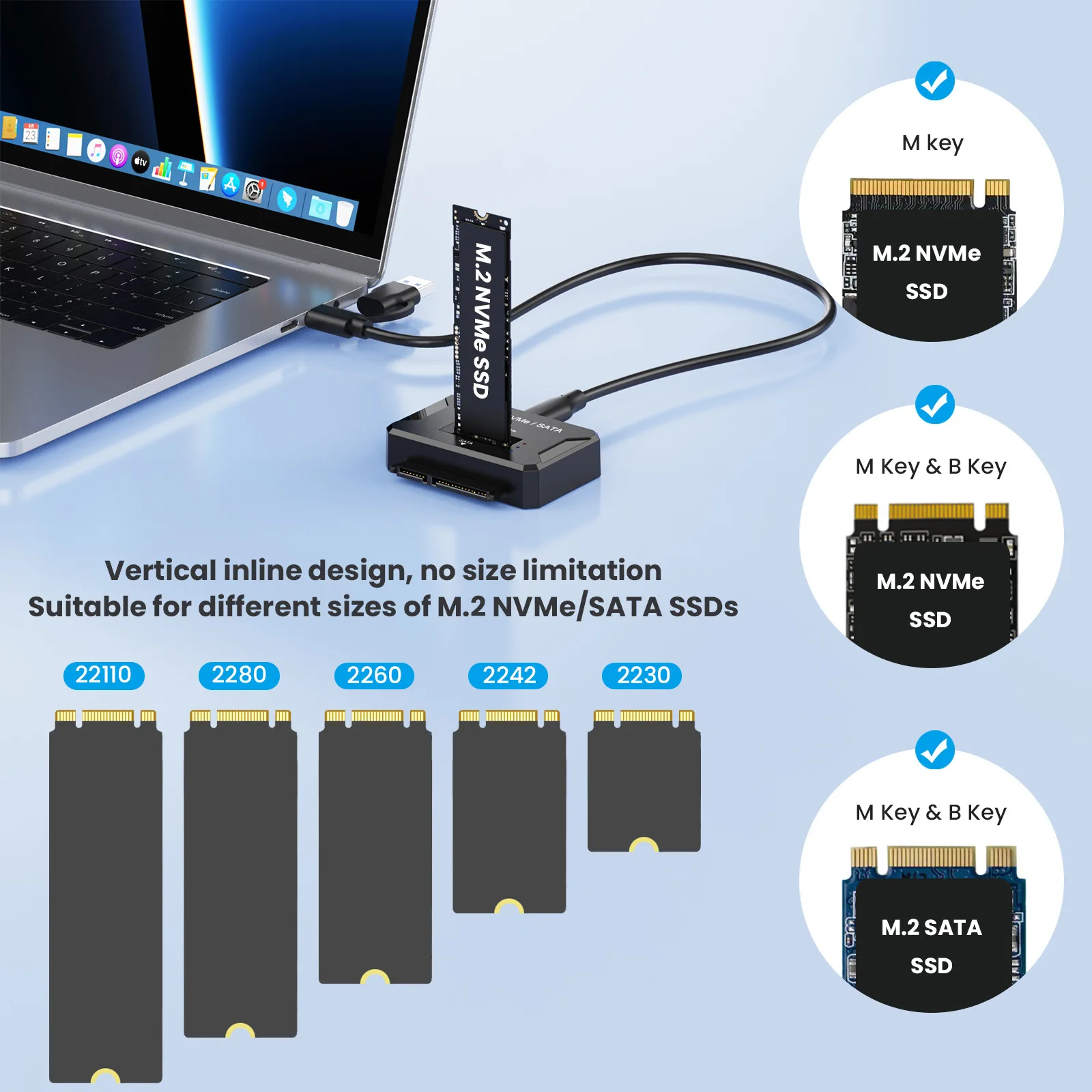 2 in 1 M.2 NVME/SATA 듀얼 프로토콜 M.2 to USB Type-C 10Gbps 2.5 SATA SSD 어댑터 (NVME PCIE NGFF SATA 하드 드라이브 엔클로저용)