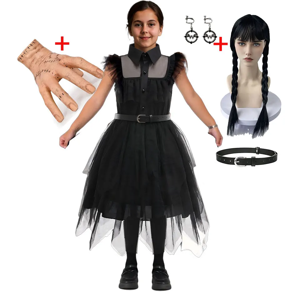 Vestido Negro De Disfraz Para Niñas Para Cupleaños, Halloween Y Fiestas De Cosplay Con Peluca
