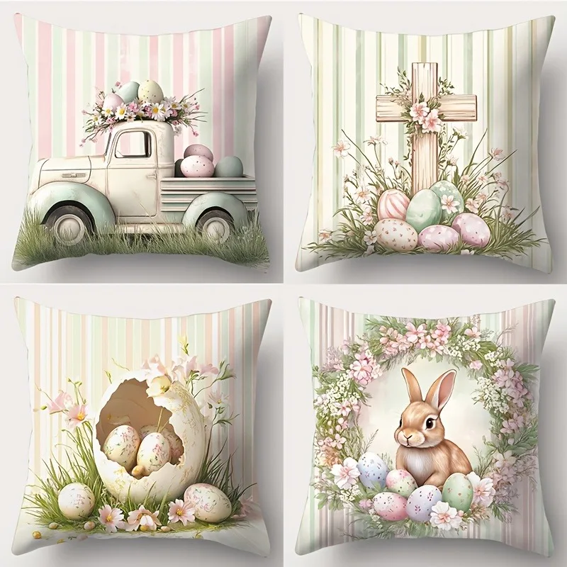 Federe Decorative Pasqua – Set Da 4 Con Uova E Conigli – 45x45 Cm – Rosa – Per Divano E Letto - 5