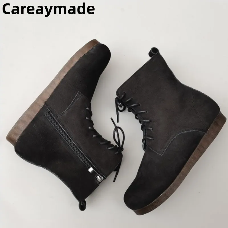 Careaymade 여성용 가죽 부츠, 부드러운 밑창 플랫 부츠, 오리지널 라운드 암소 가죽, 하이탑, 캐주얼 싱글 부츠, 100% 신상