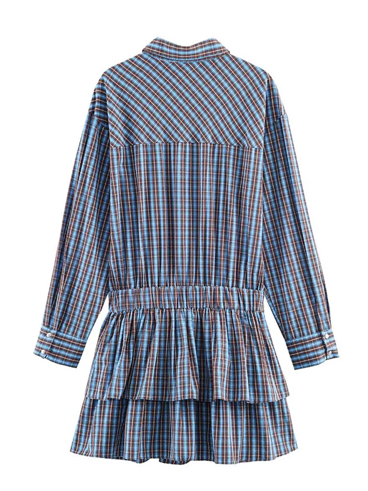 Kurzes Kleid mit Gürtel und Karomuster für Damen, Elegantes Revers-Design mit Langen Ärmeln und Knöpfen, Schlankes Party- und Abendkleid, Frühlings-Cocktailkleid für Damen – Detail 4