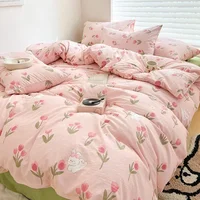 Class A Double Layer Yarn Four Piece Bedding Set Cartoon Cute Bed Sheet Quilt Set Fitted Sheet Cotton Linen Four Piece Set 4