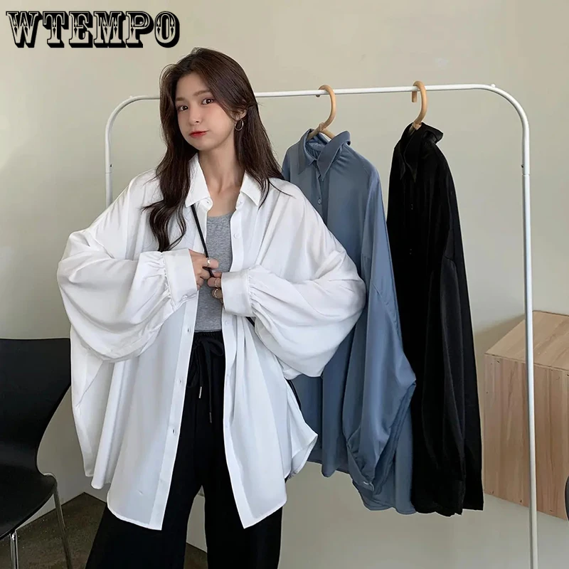 

Wtempo Spring Fall Women Solid Color Shirts Elegant Blouses for Office Lady Long Lantern Sleeve Mid-length Button Shirt Coats