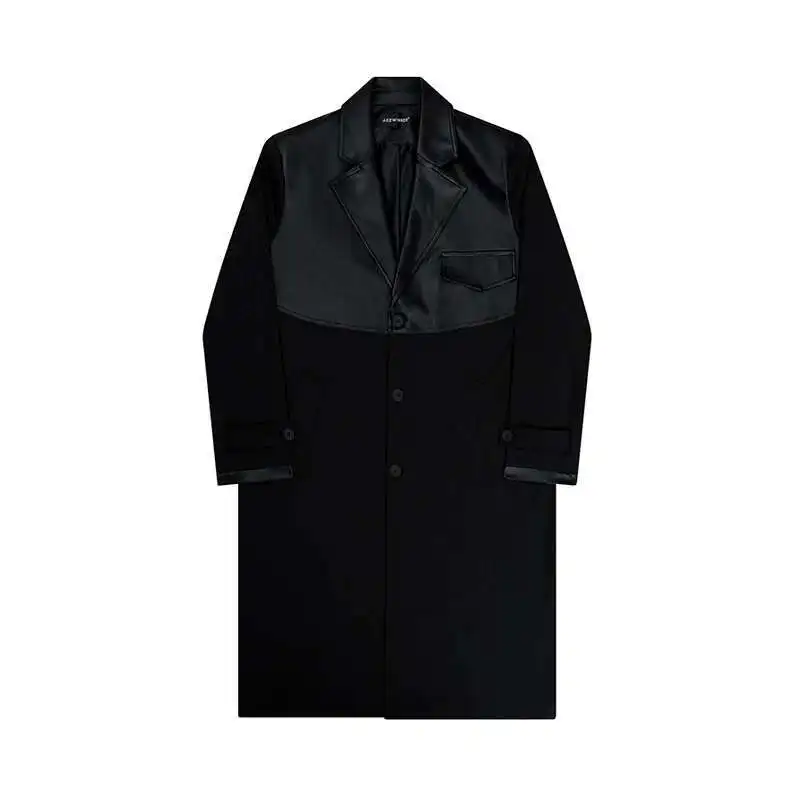 LUZHEN Korean Leather Splicing Long Trench Coat Men's Trendy Loose Knee Length Stylish Outwear Male Autumn Winter LZ5199