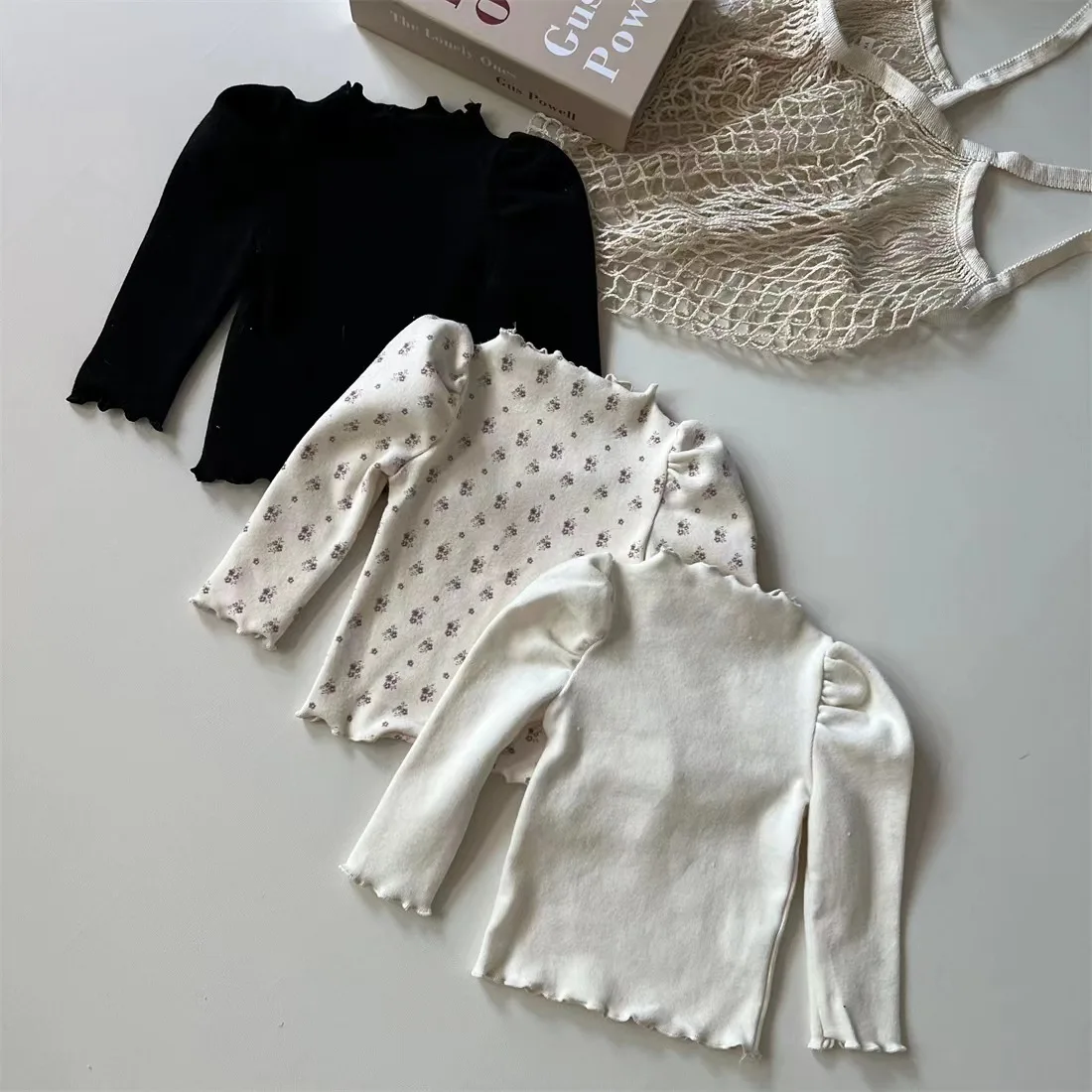 용 퍼프 소매 셔츠, 부드러운 긴팔 상의, 어린이 의류, 용수철 및 가을, 신상