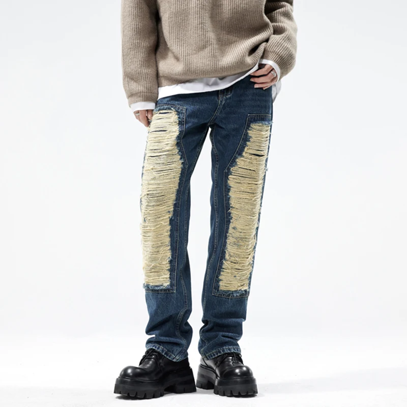 

Ripped Frayed Hole New Man's Wide Pants Streewear Casual Baggy Torn Jeans Vintage Blue Trousers