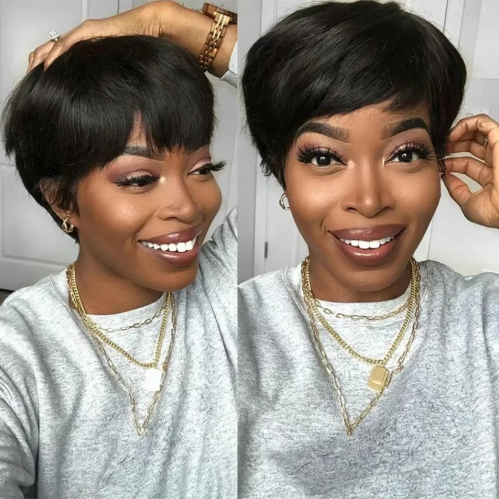 Natürliche schwarze 200%ige kurze Pixie-Perücke aus 100% Echthaar für Frauen ohne Kleber, brasilianisches Remy-Haar, sofort tragbar, mit geschichtetem 4-6 Zoll Look. – Detail 4