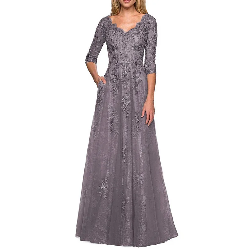

Elegant V-neck Lace Evening Dresses Women Autumn Three Quarter Hook Flower Wedding Party Gown Classic Slim Formal Robe Vestido