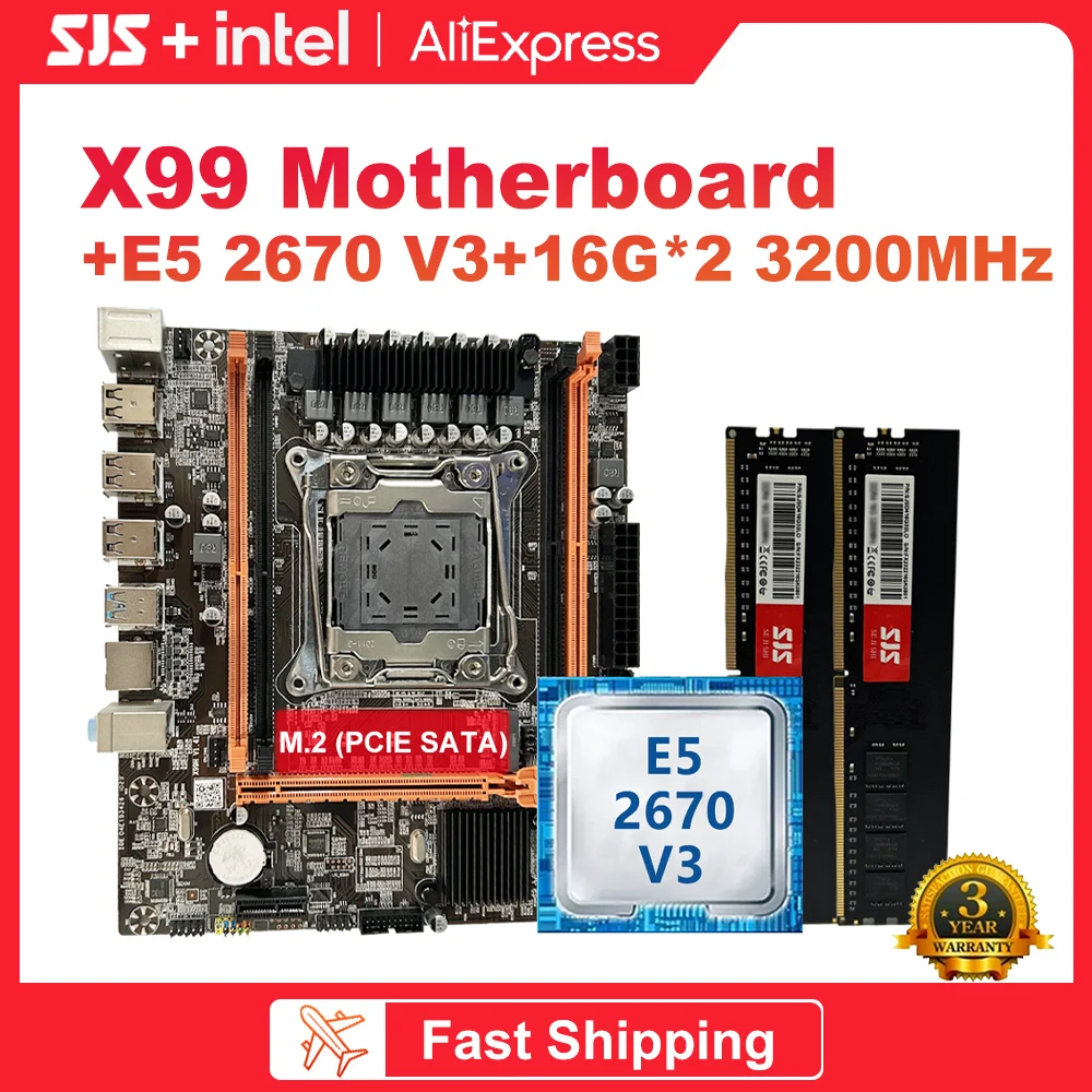 

SJS X99 128GB Motherboard Set Kit With LGA 2011-3 Xeon E5 2670 V3 CPU Processor DDR4 16GB ( 2 x 8gb) 3200MHz RAM Memory M-ATX
