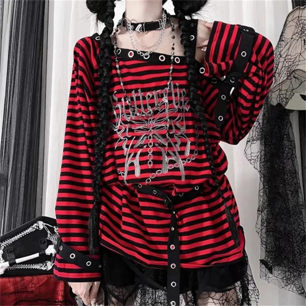 Harajuku Punk Striped Print T Shirts Y2k Gothic Girls Off Shoulder