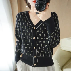 Autumn Winter Women Wool Blend Sweater Slim V-neck Cardigan Female Warm Casual Knitted Printing Bottoming Coat Comfortable Tops