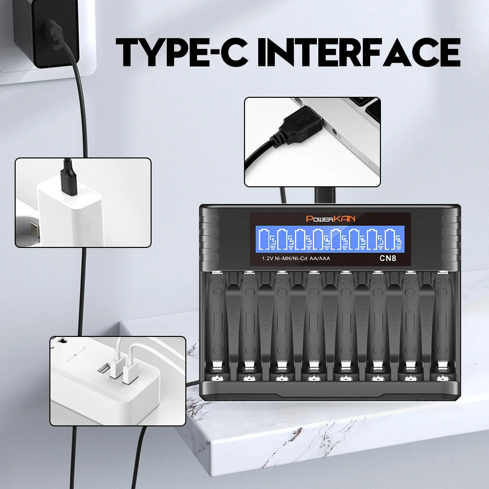 POWERKAN 8베이 독립형 AA/AAA Ni-MH 배터리 충전기, LCD 디스플레이, USB-C 충전(배터리는 포함되어 있지 않음)