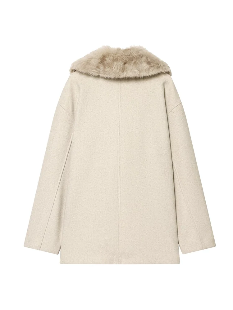  Winter New Women Double Breasted Woolen Coat Elegant Solid Faux Fur Collar Spliced Loose Fit Jacket Casual Lady Outerwear