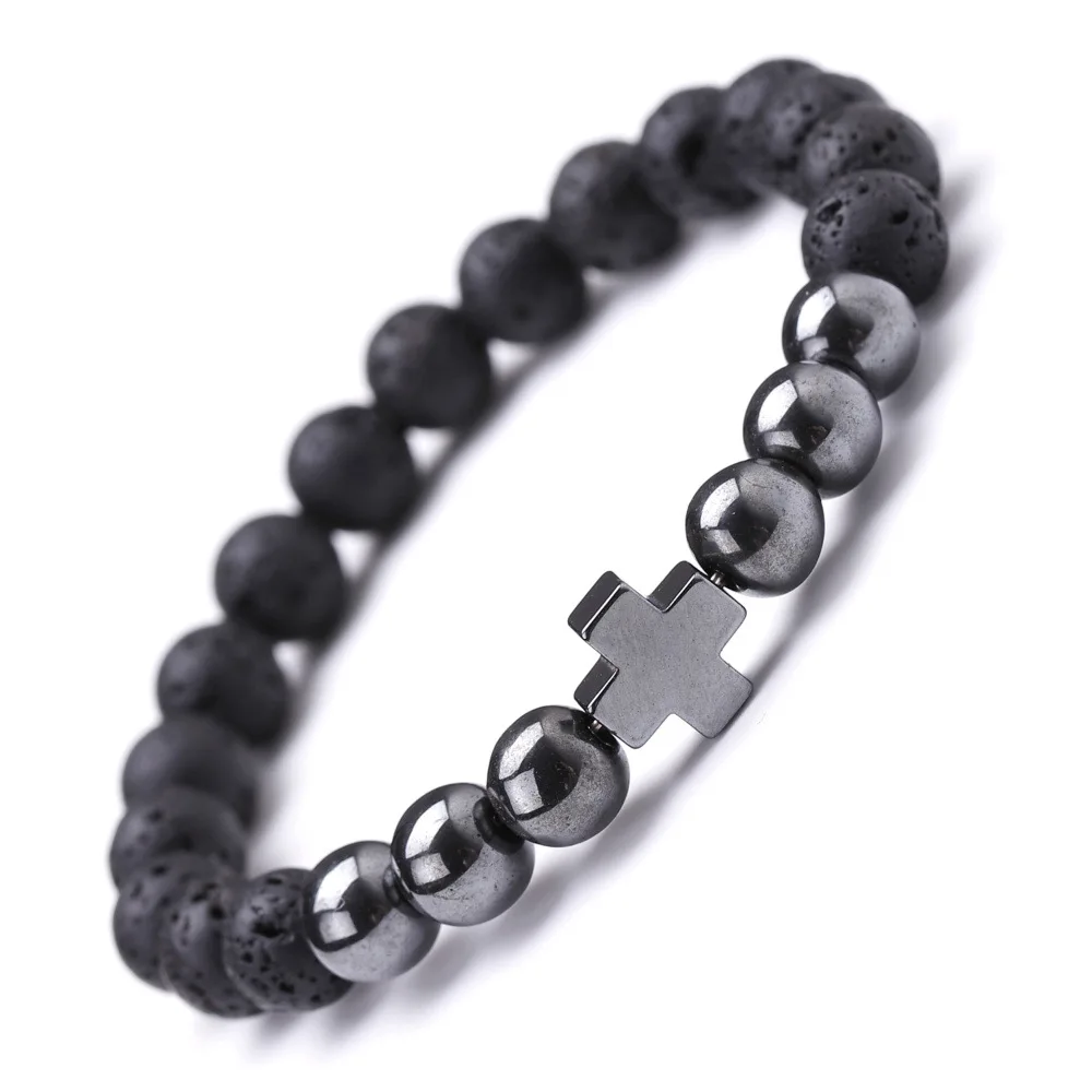 

12pcs 8mm Natural Black Lava Stone Beads Hematite Cross Buddha's head Bracelet For Women Men Jewelry