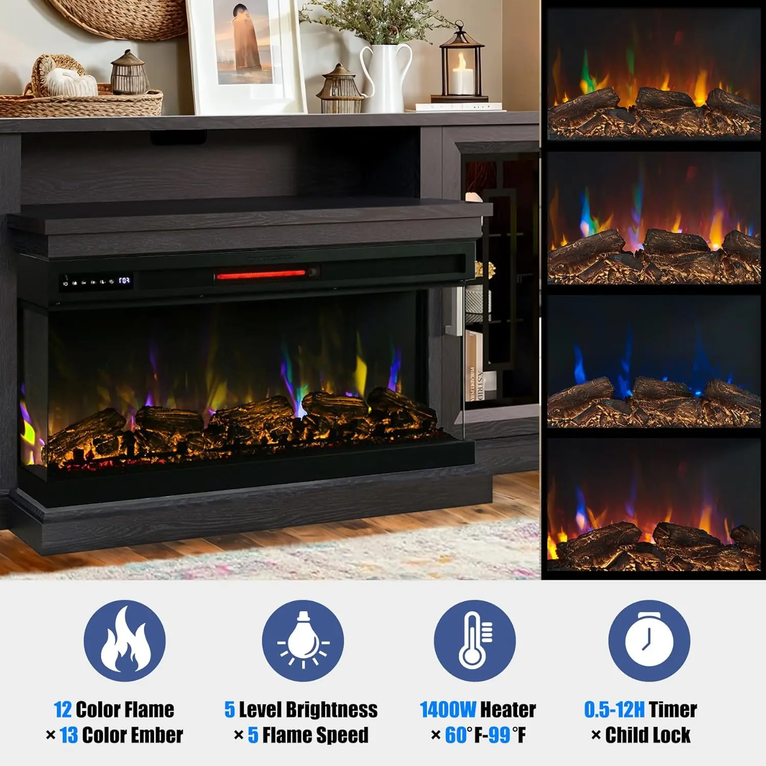 75-inch Electric FireplaceTV Stand 3-side Glass LED Modern Media Entertainment Center Console Adjustable Flame 40-inch Fireplace 3