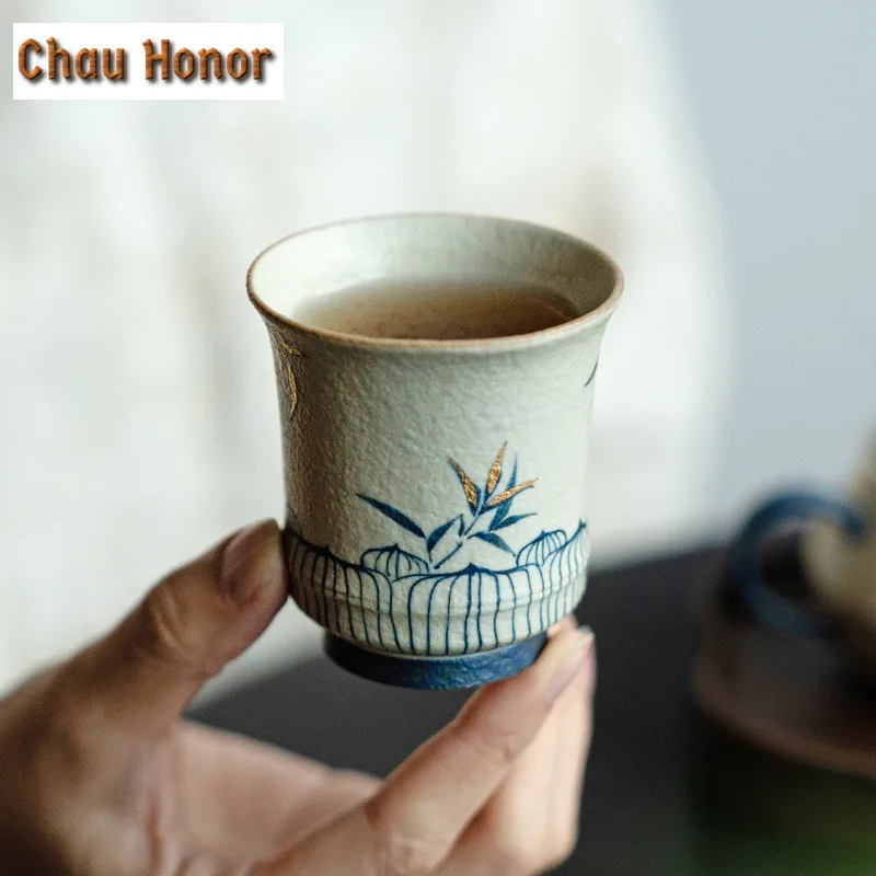 95ml Handmade Gold Drawing Bamboo Shadow Teacup Blue And White Flint Red Ceramic Master's Cup Large Smelling Fragrant Mug Gifts