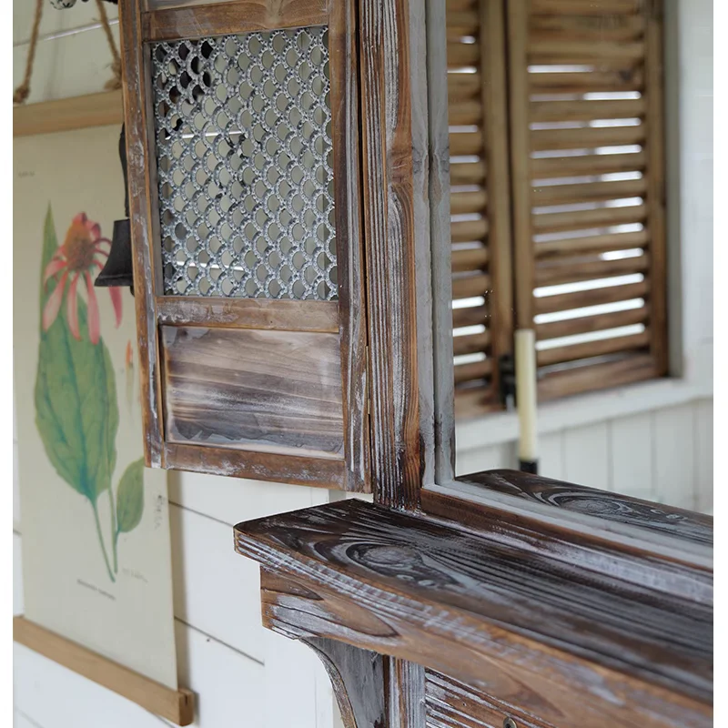 Farm Style Vintgae Wooden Decorative Window Mirror with Floating Shelf