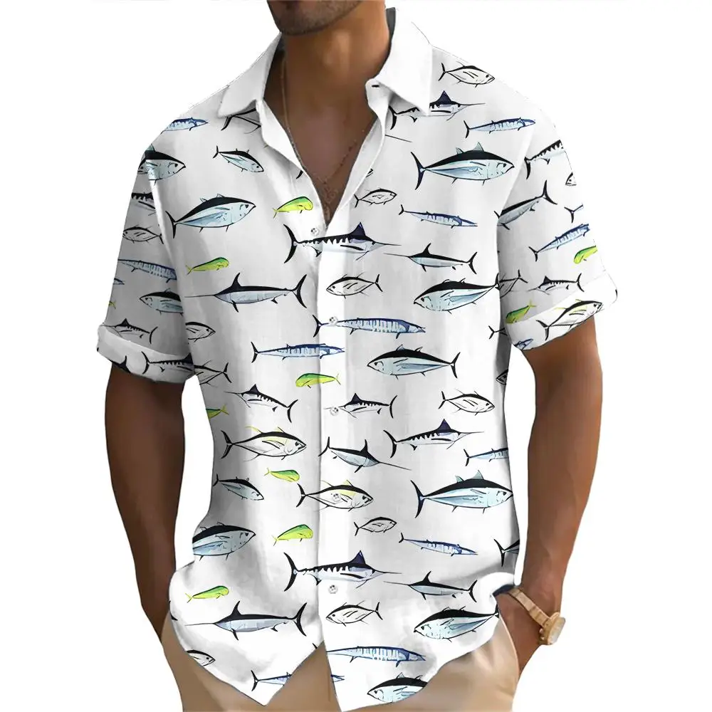 Summer Fashion Ocean Fish Print Men's Short Sleeve Casual Printed Tops Seaside Vacation Travel Wear Oversized Tops 6