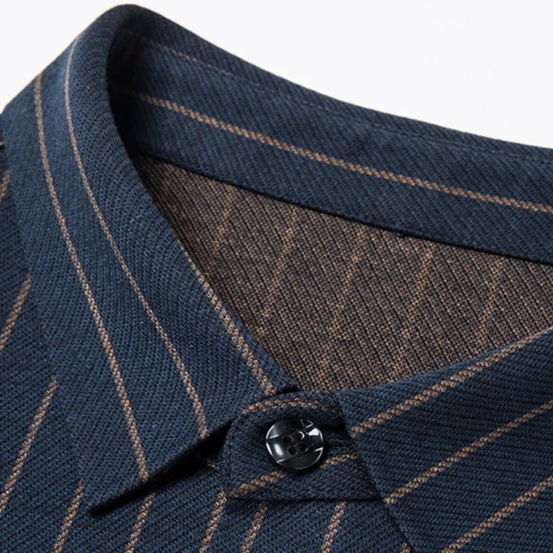 Seamless Wool Spring Autumn Men's Dress Shirts Luxury Striped Long Sleeve Business Casual Single Breasted Male Shirts 4XL
