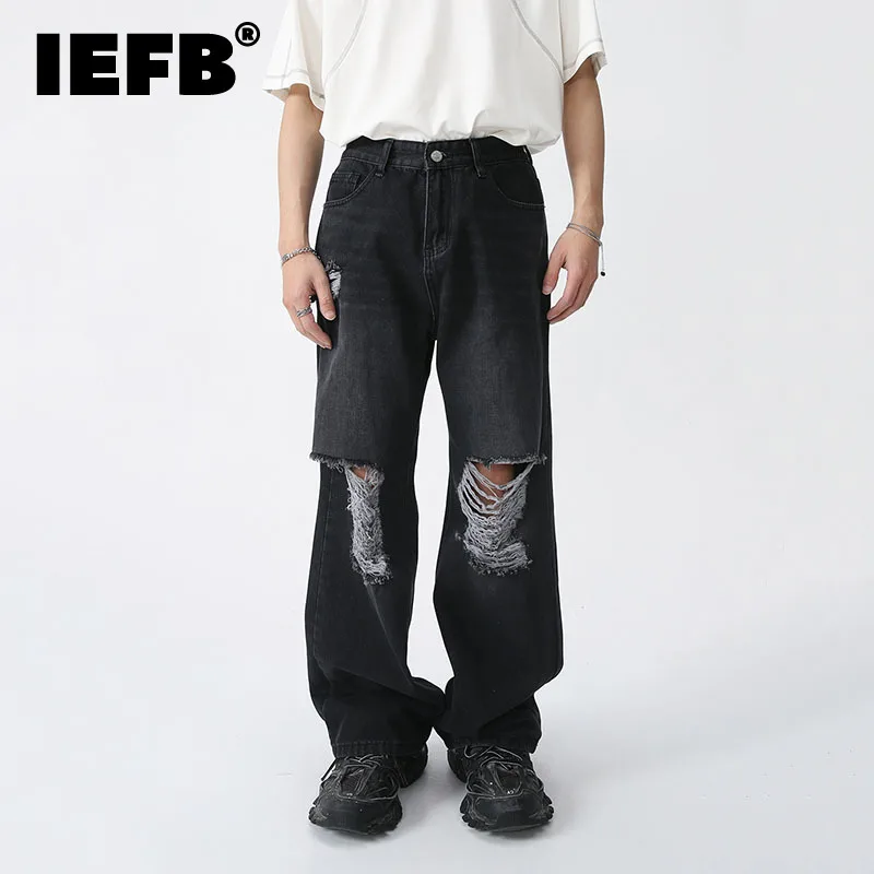 

IEFB New Menwear Fashion Men's Hole Jeans Vintage Denim Pants Loose Straight Trouser High Street 2023 Spring Personality 9A7539