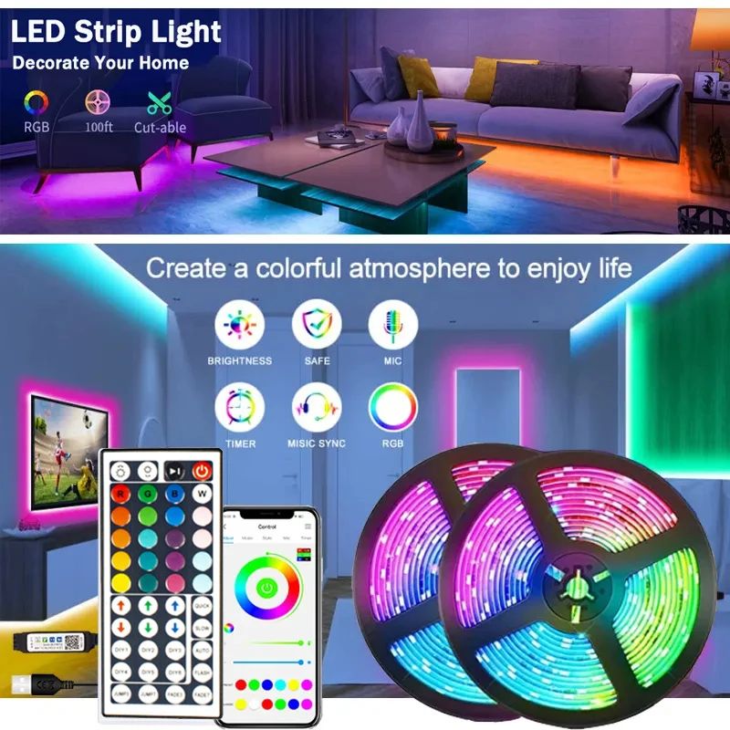 

LED Strip Lights for Bedroom LED TV Backlight Bluetooth Remote Neon Lights Color RGB5050 LED Tape Christmas Decoration Luces LED