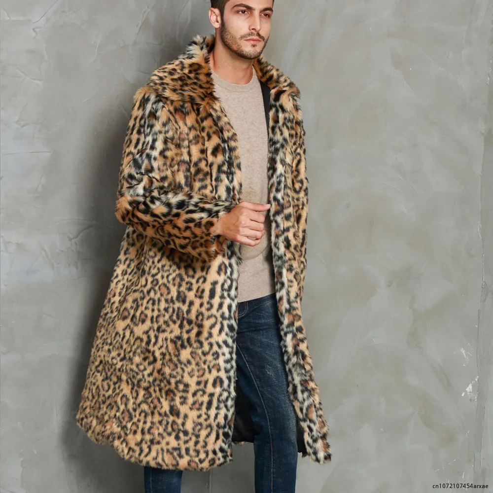 

Men Faux Fur Coats Autumn Winter New Men's Lapel Neck Long Sleeve Imitation Leopard Fur Long Coat Fashion Streetwear Jackets