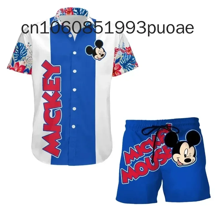 New Mickey Mouse Summer Vacation Beach Hawaiian Shirt And Board Shorts Disney Fashion Short Sleeve Shirt Set 5