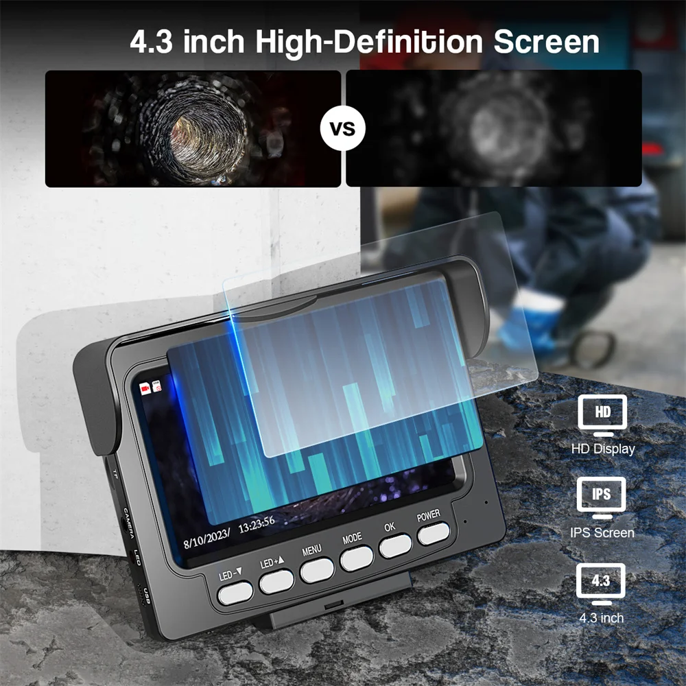 4.3" Screen Pipe Inspection Camera 5600mA Battery IP68 1200TVL Drain 17MM/22MM Sewer Pipeline Industrial Endoscope 20M/30M/50M 3