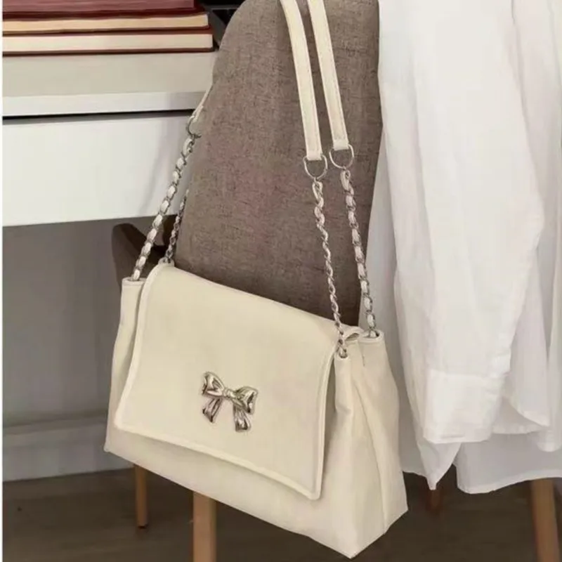 Sweet Beige Bow Handbag Women Chain Leather Large Capacity Shoulder Bag Ladies Harajuku Elegant Gentle Commute Underarm Bag 2025