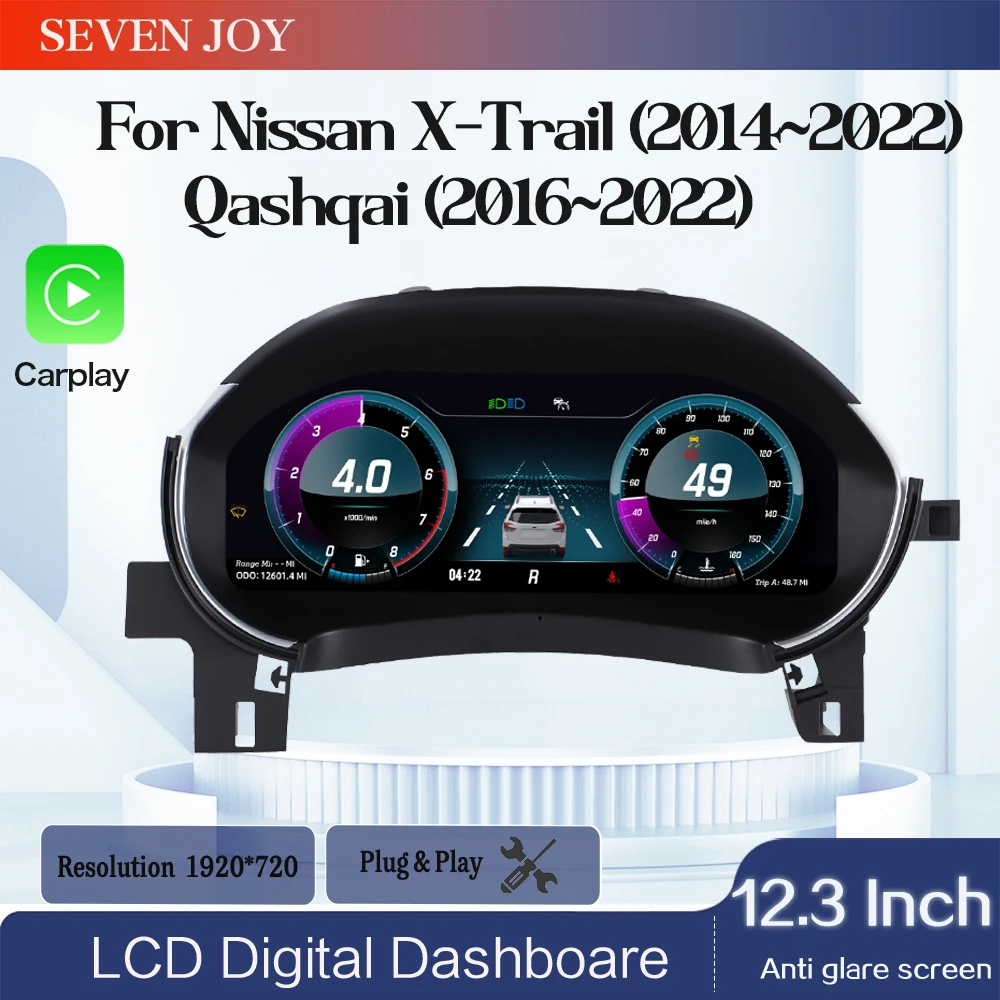 Pantalla LCD de 12.3" para el tablero de Nissan X-Trail 2014-2022, odómetro, velocímetro, cabina virtual, panel de instrumentos digital, CarPlay 1