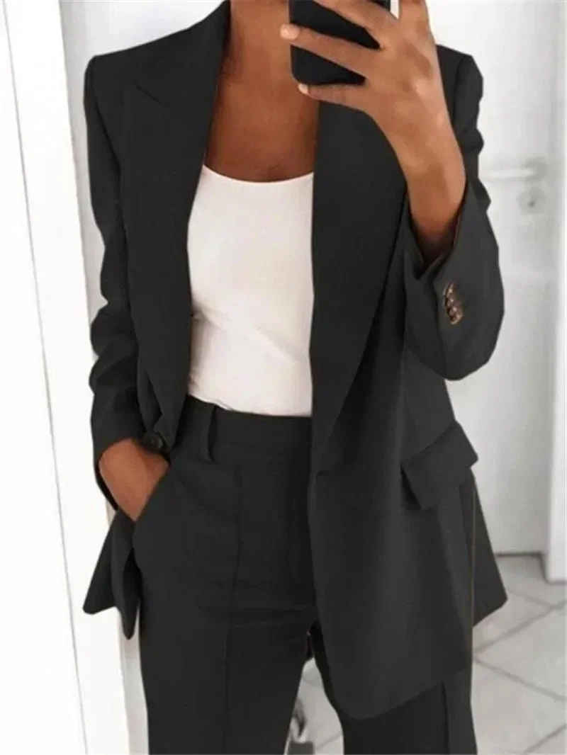 Simple Office Blazer Women Solid Color Single Button Casual Commute Blazer Suit with Button Pocket Lady All Match Formal Clothes